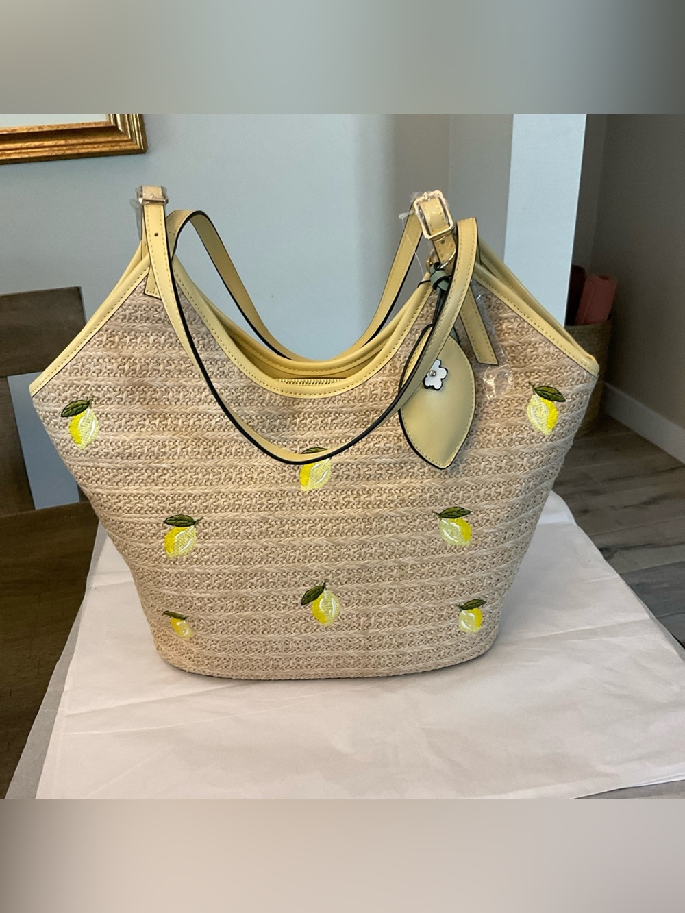 BCBG Generation Lemon Print Beach Tote Woven Bag W Charm NWT
